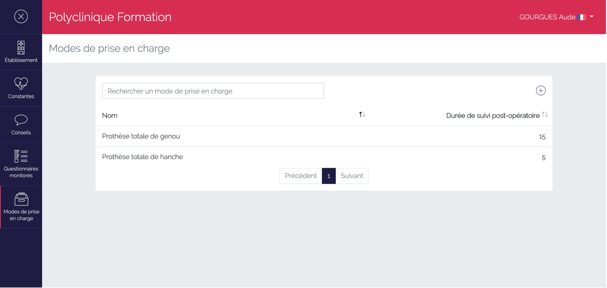 Liste des modes de prise en charge créés