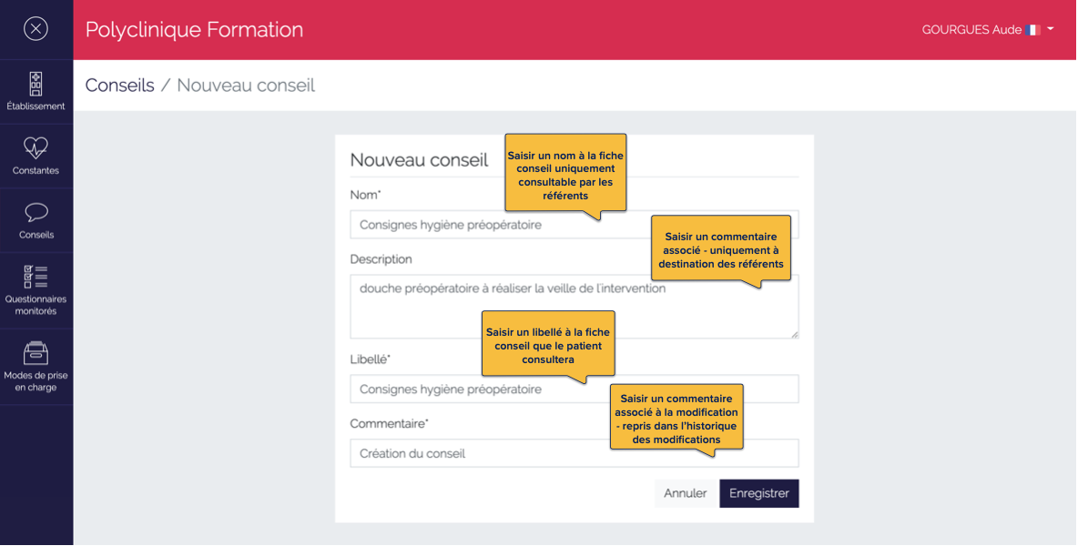 Page de saisie des informations générales d'un conseil