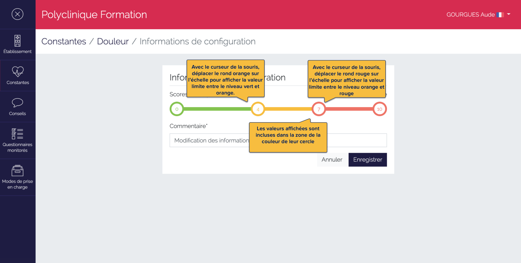 Informations de configuration de la constante Douleur