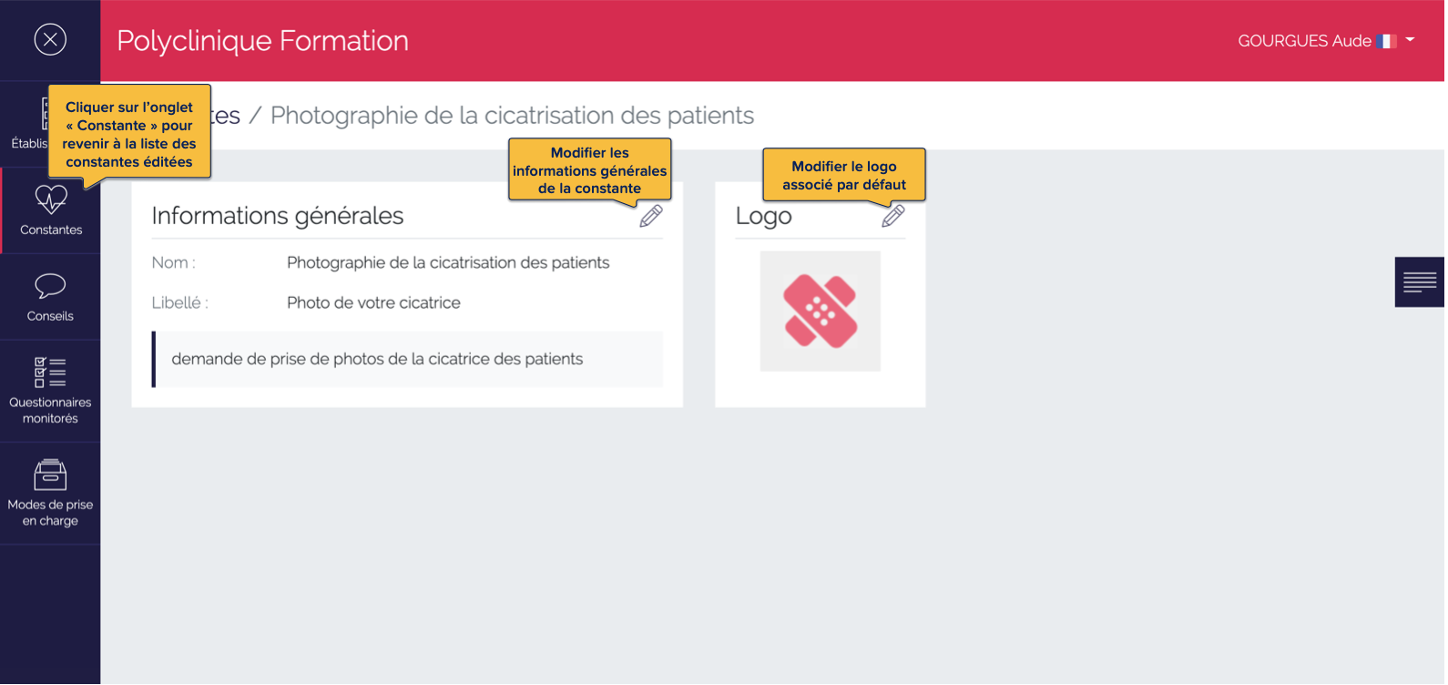 Page de détails d'une constante éditée