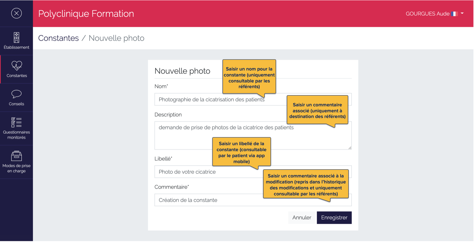 Page de saisie des informations d'une nouvelle constante