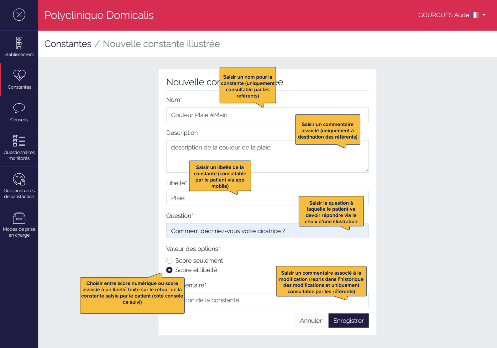 Page de saisie des informations d'une nouvelle constante illustrée