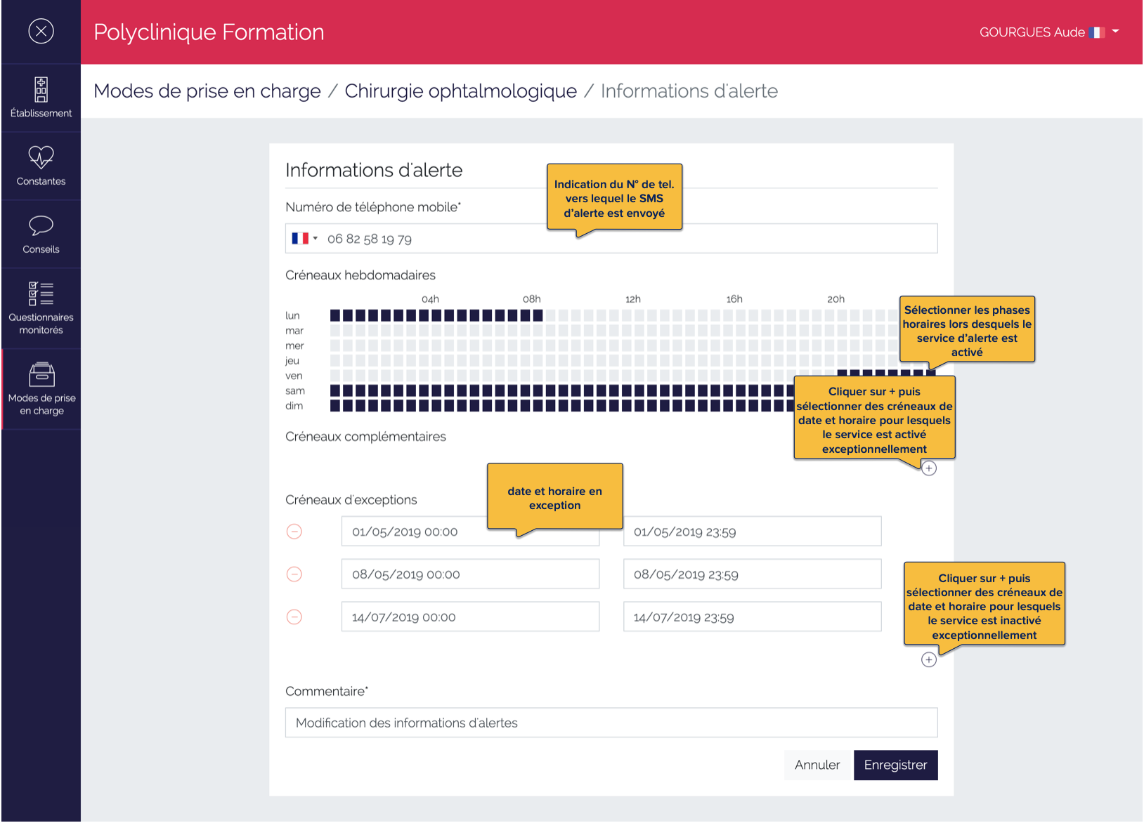 Page de paramétrage des informations de calendriers