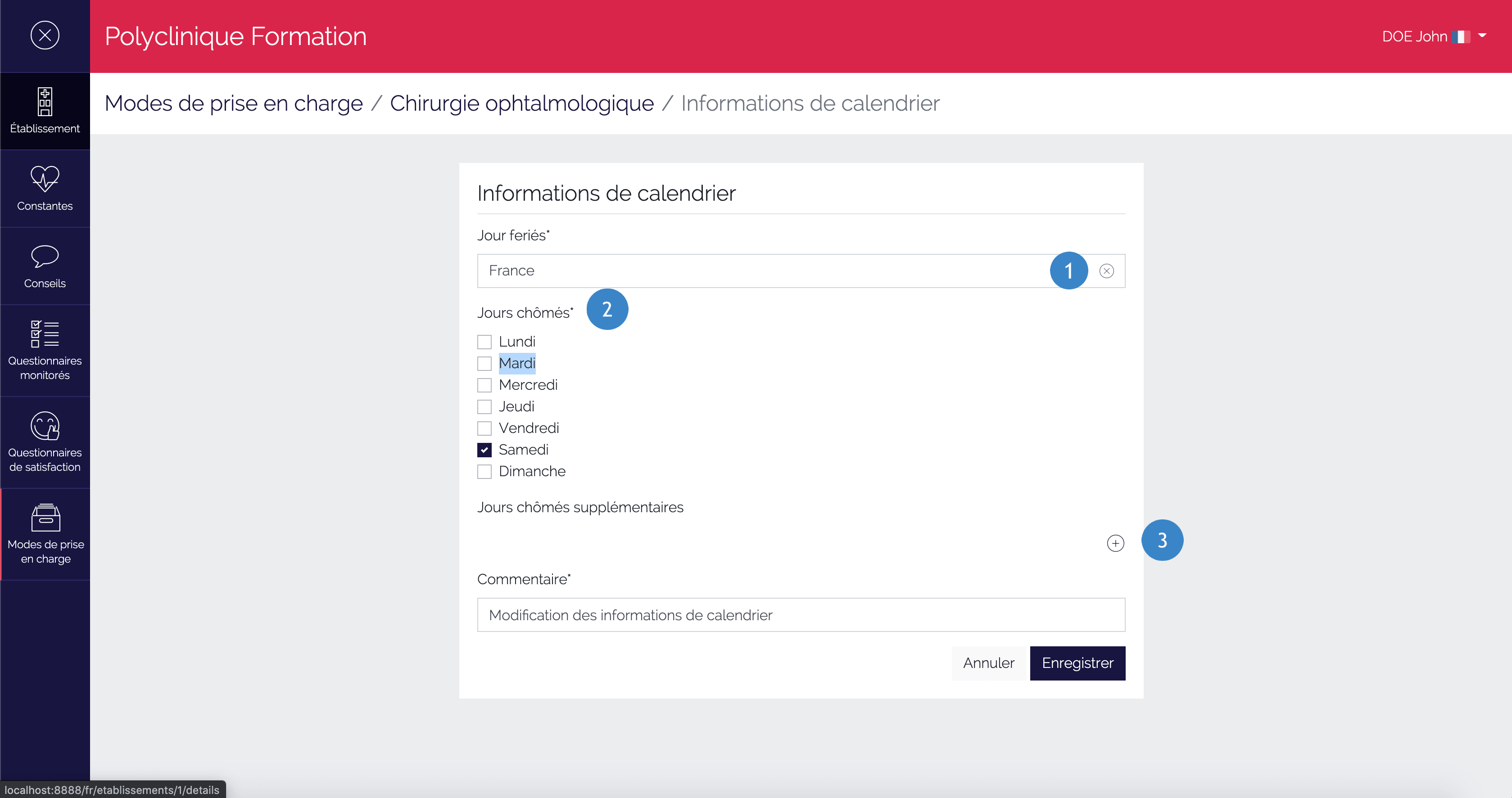 Page de paramétrage des informations de calendriers