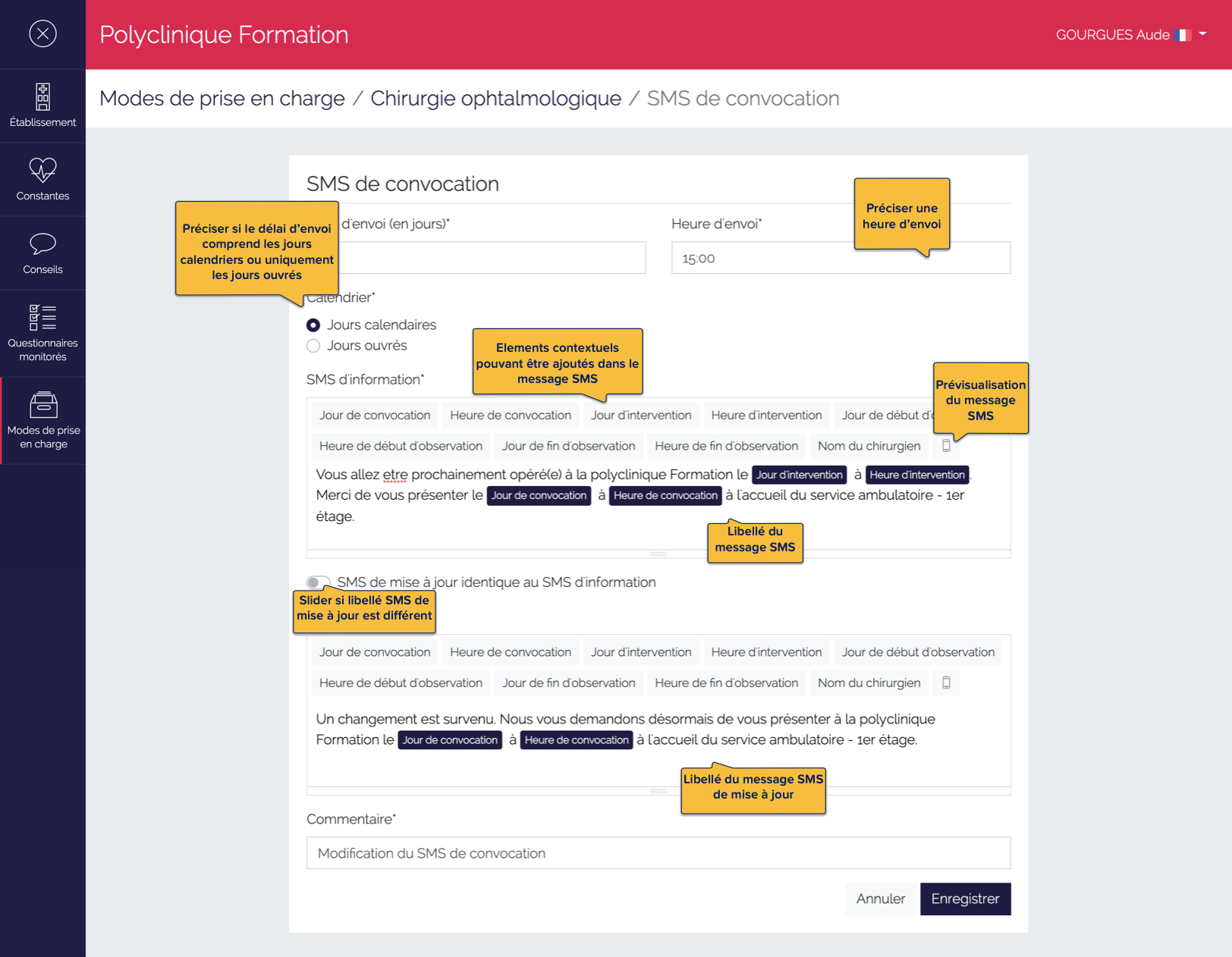 Page de paramétrage du service d'envoi du SMS de convocation