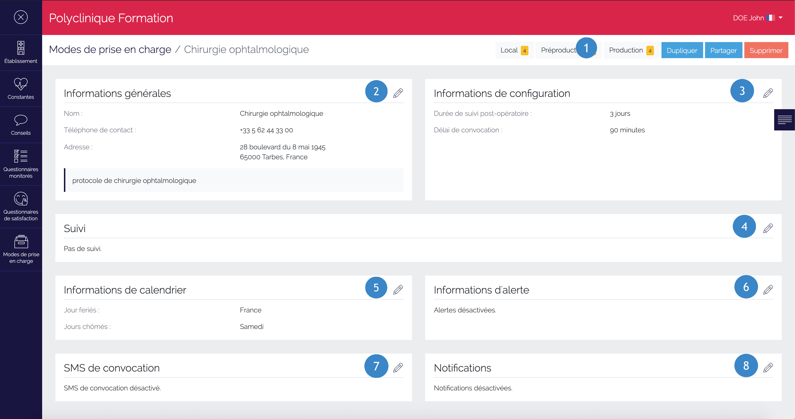 Page de définition du mode de prise en charge