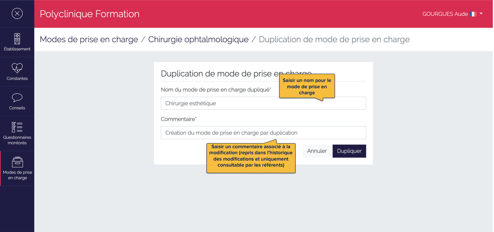 Duplication d'un mode de prise en charge