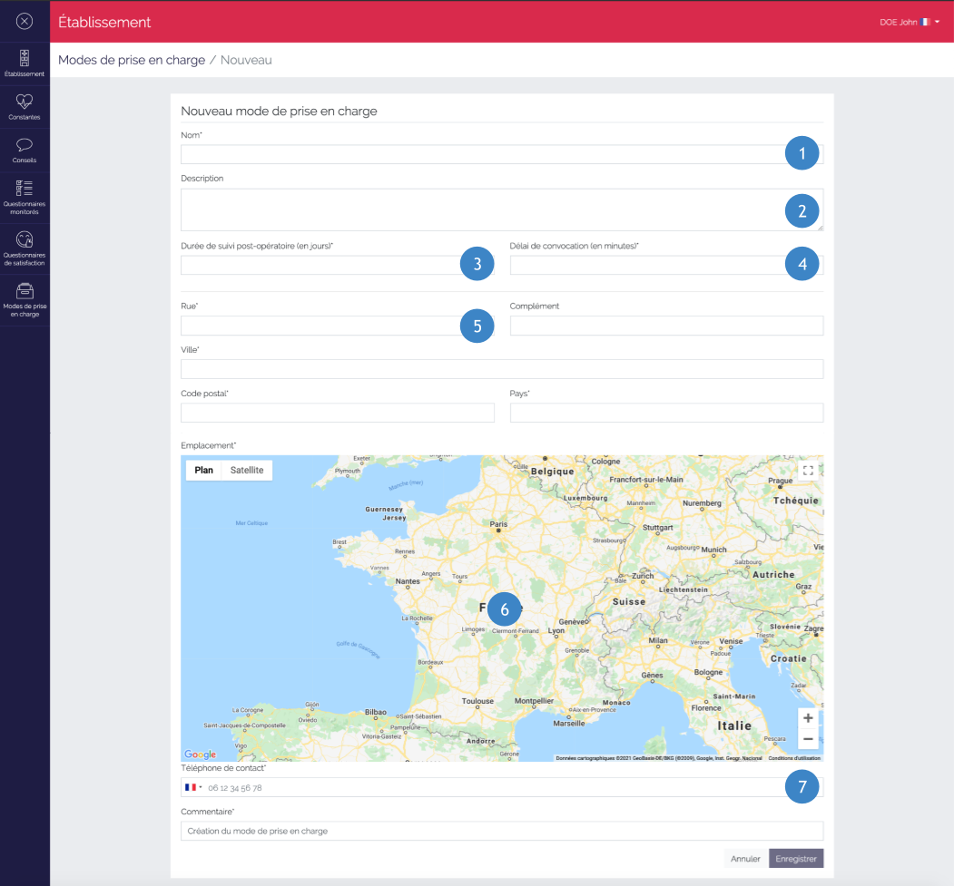 Page de création d'un mode de prise en charge