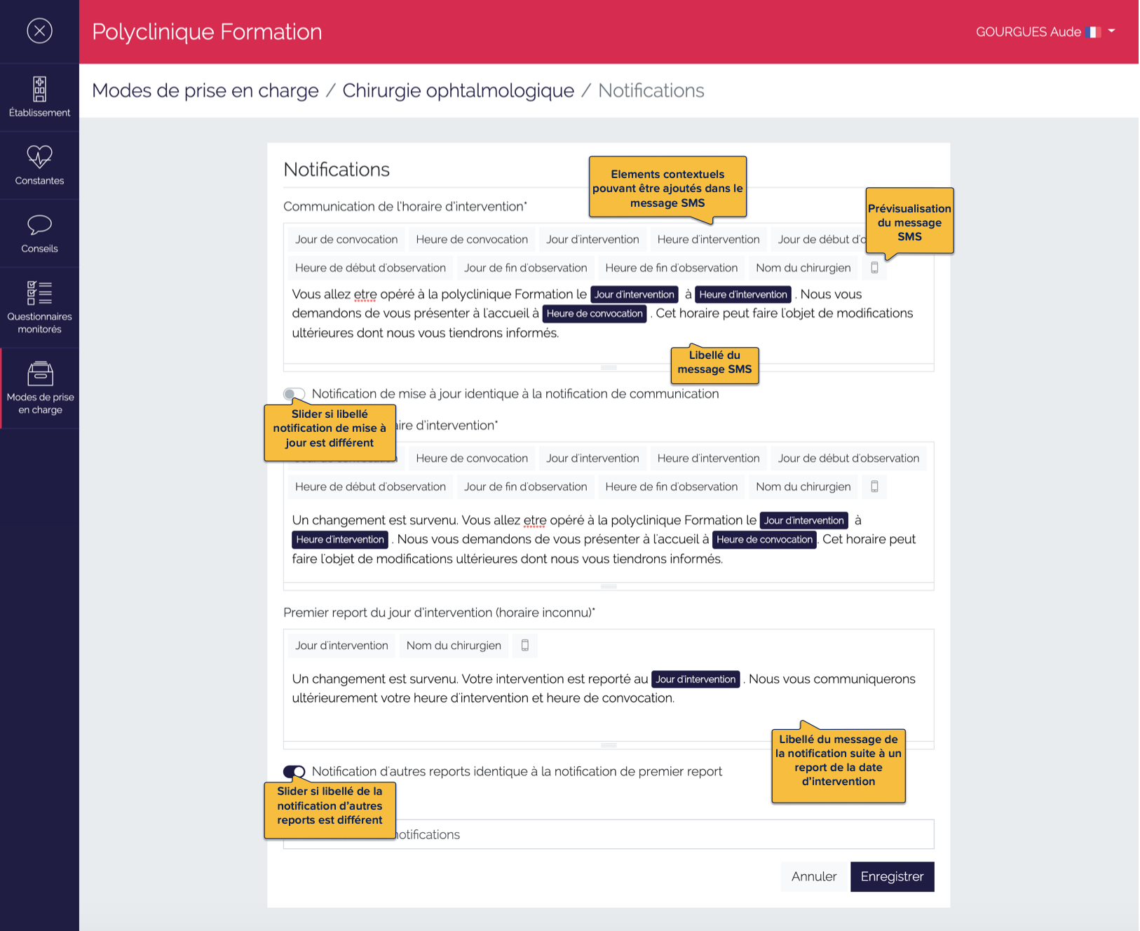Page de paramétrage du service de notifications