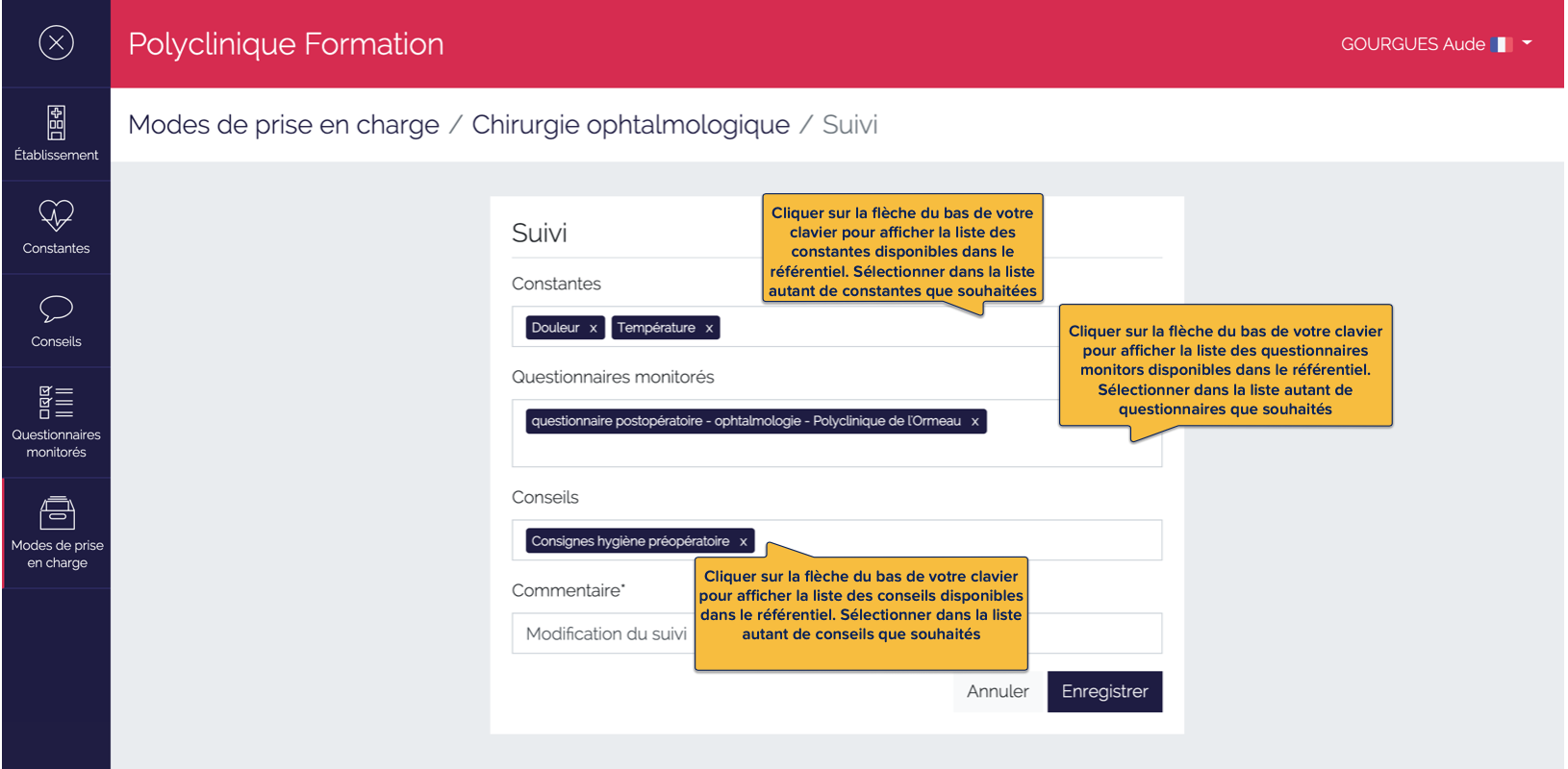 Page de saisie du suivi du mode de prise en charge
