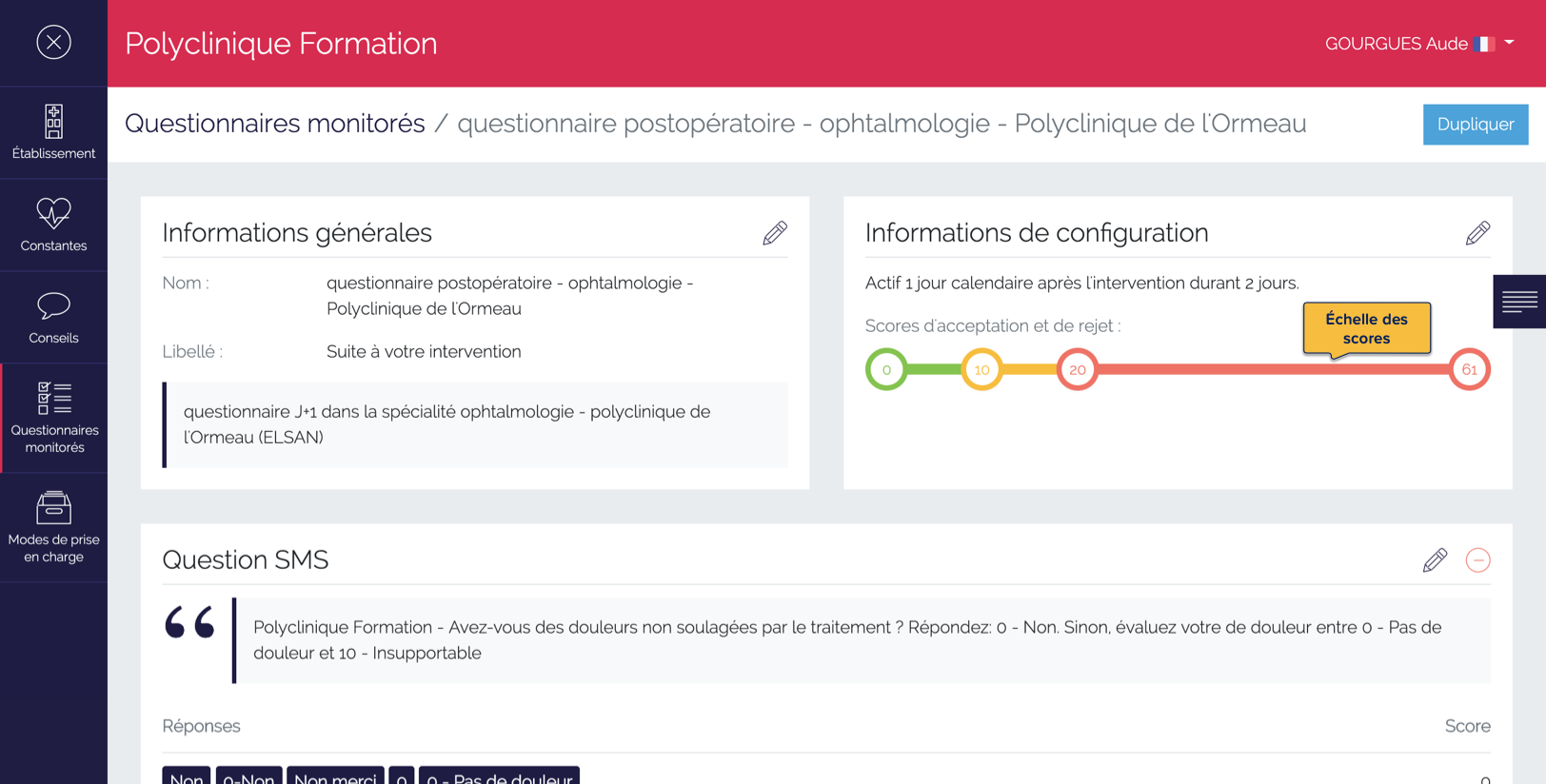 Page de définition d'un questionnaire monitoré avec échelle de score