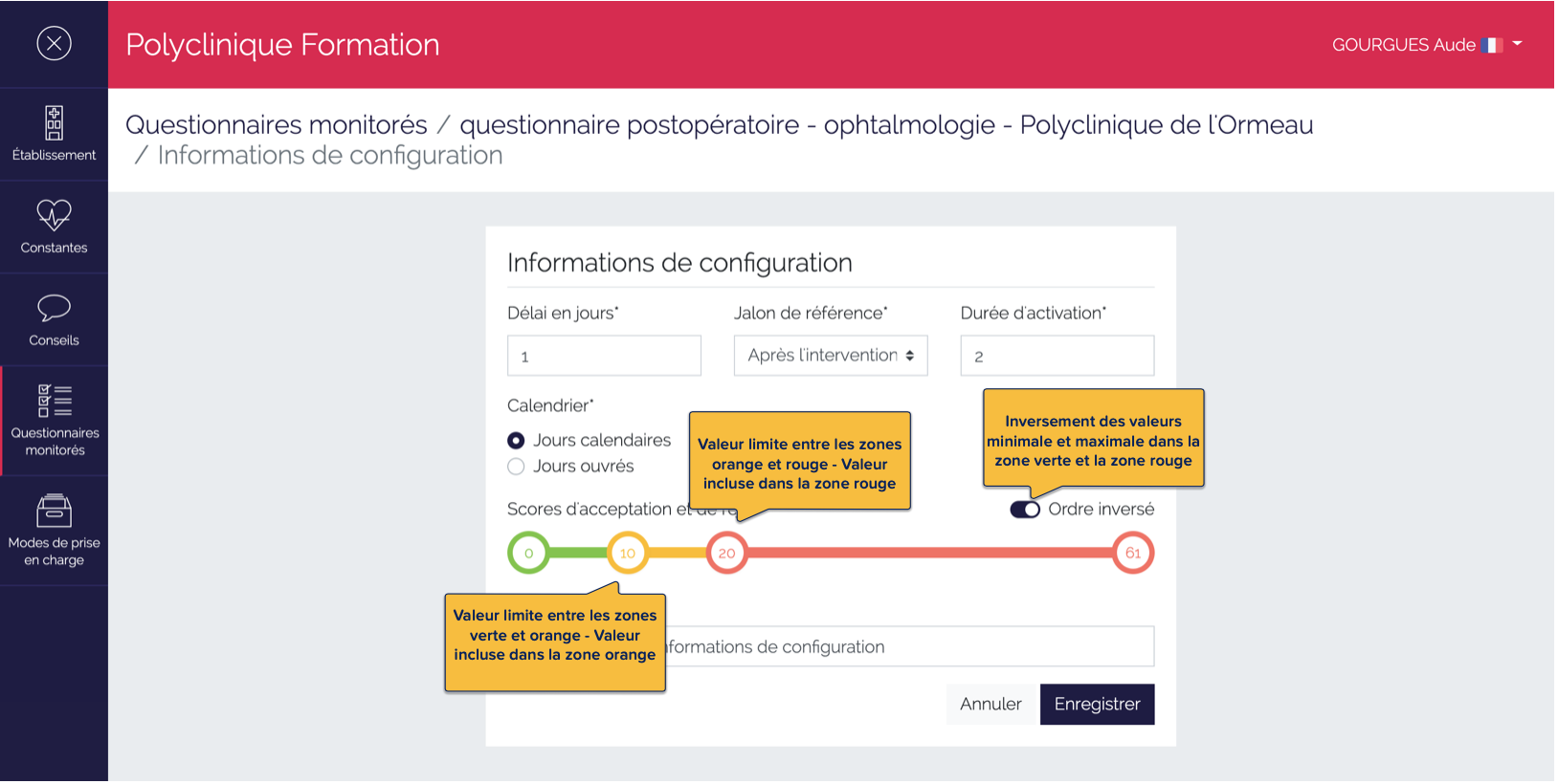 Page de définition des informations de configuration - seuils et période d'activation