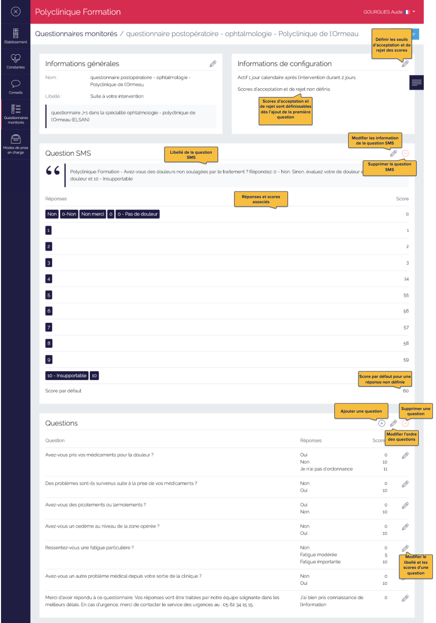 Page récapitulative de définition d'un questionnaire scoré