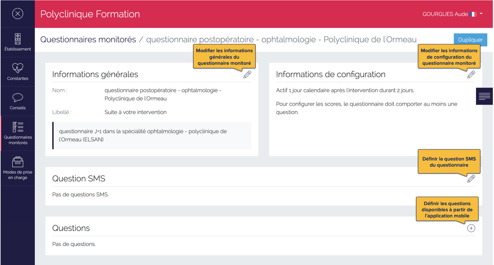 Page de définition du questionnaire monitoré