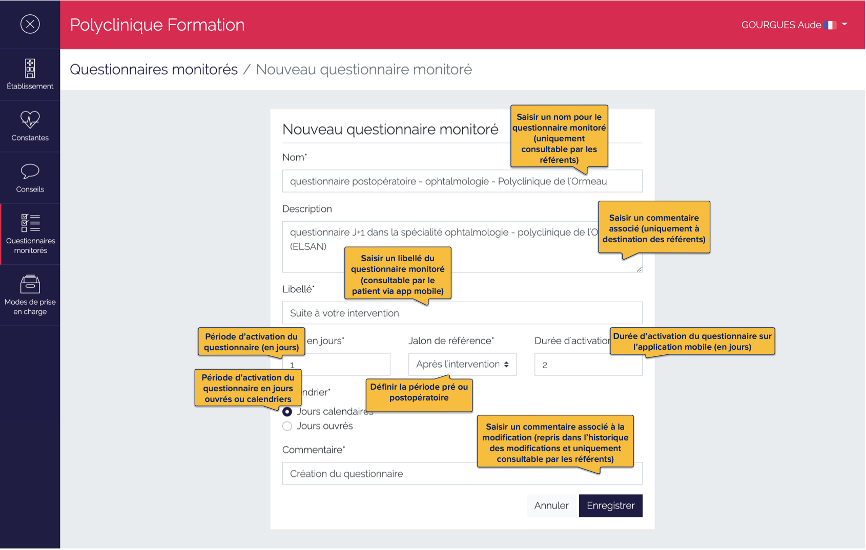 Page de définition du questionnaire - libellé et période d'activation