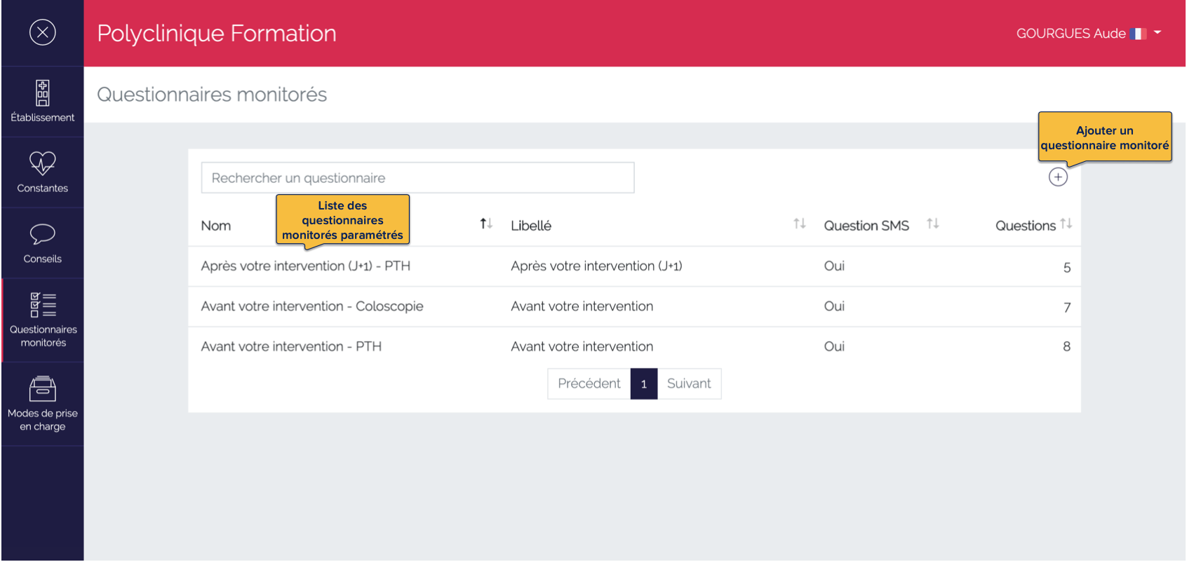 Page d'accueil des questionnaires monitorés