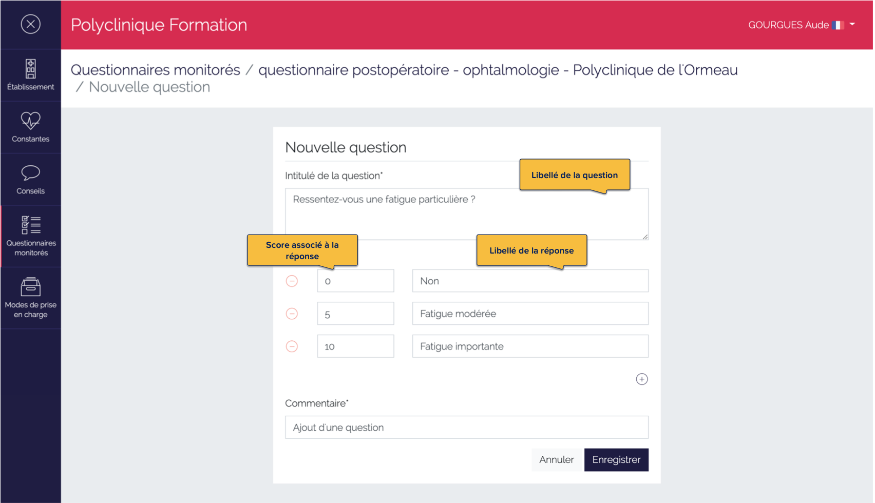 Page de renseignement d'une question