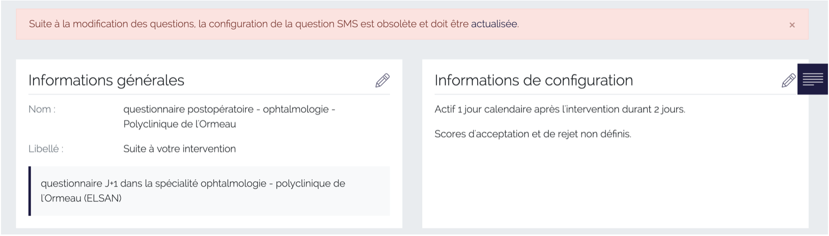 Message d'avertissement pour modifier la configuration des scores