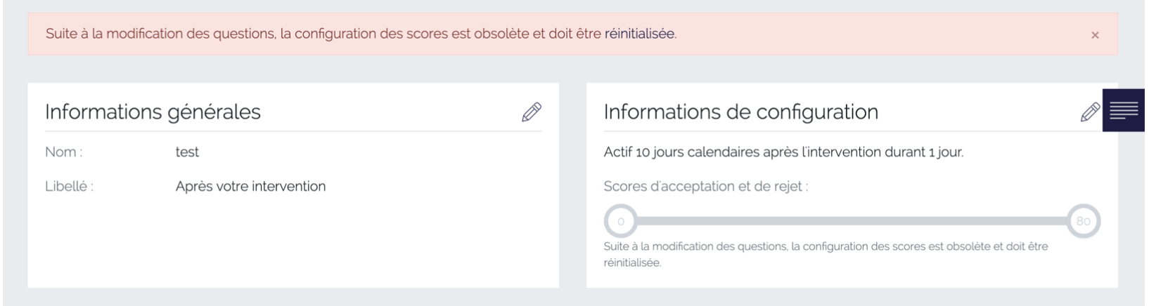 Message d'avertissement pour modifier la configuration de la question SMS