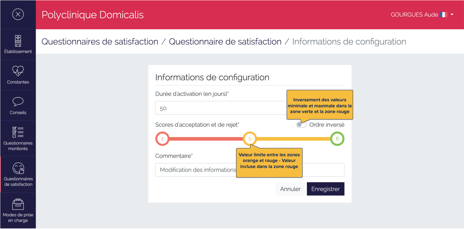 Page de définition des informations de configuration - seuils et période d'activation