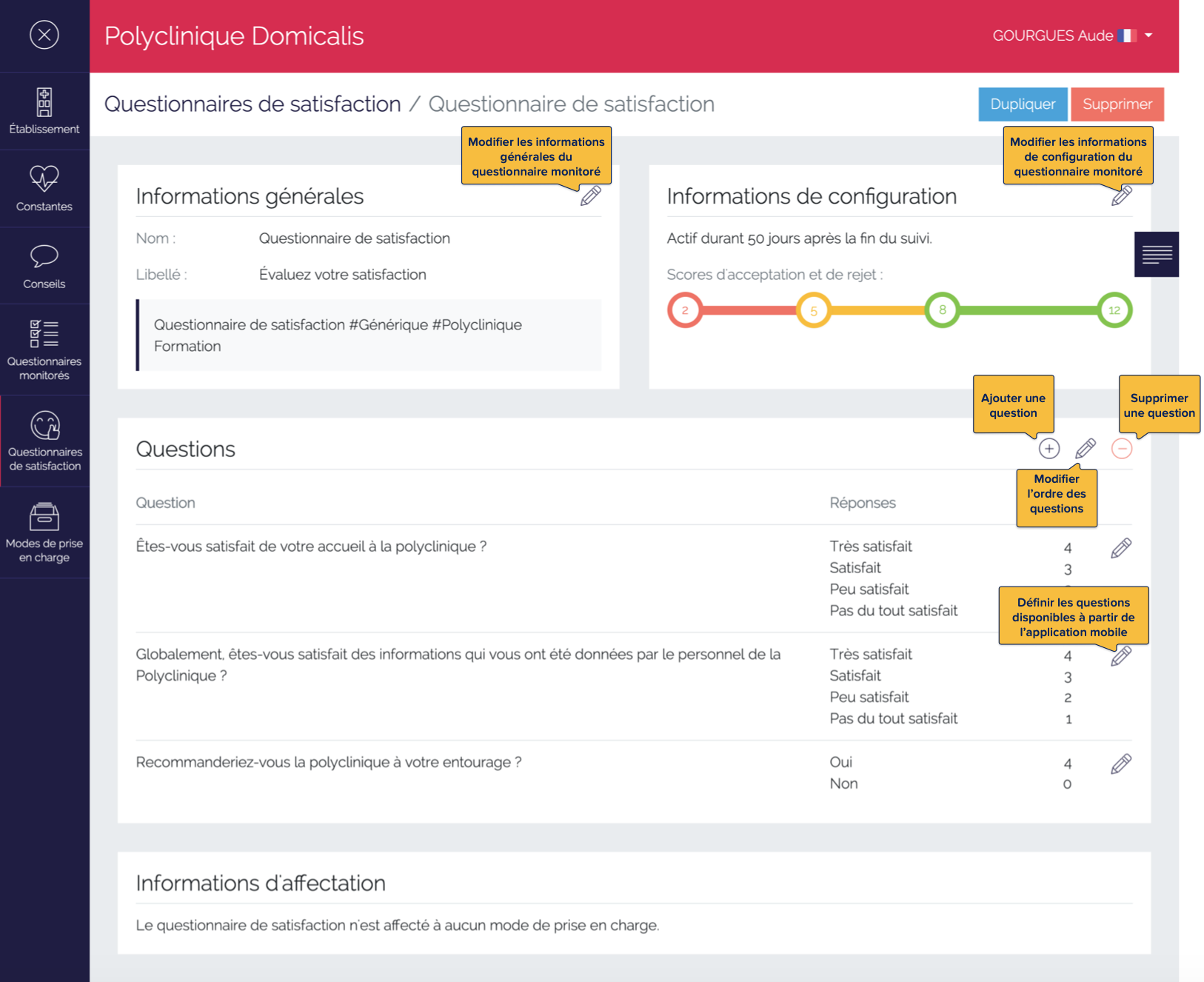 Page de définition du questionnaire de satisfaction