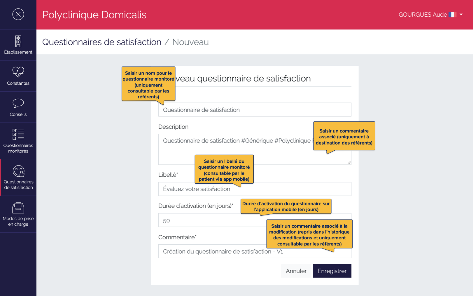 Page d'accueil des questionnaires de satisfaction