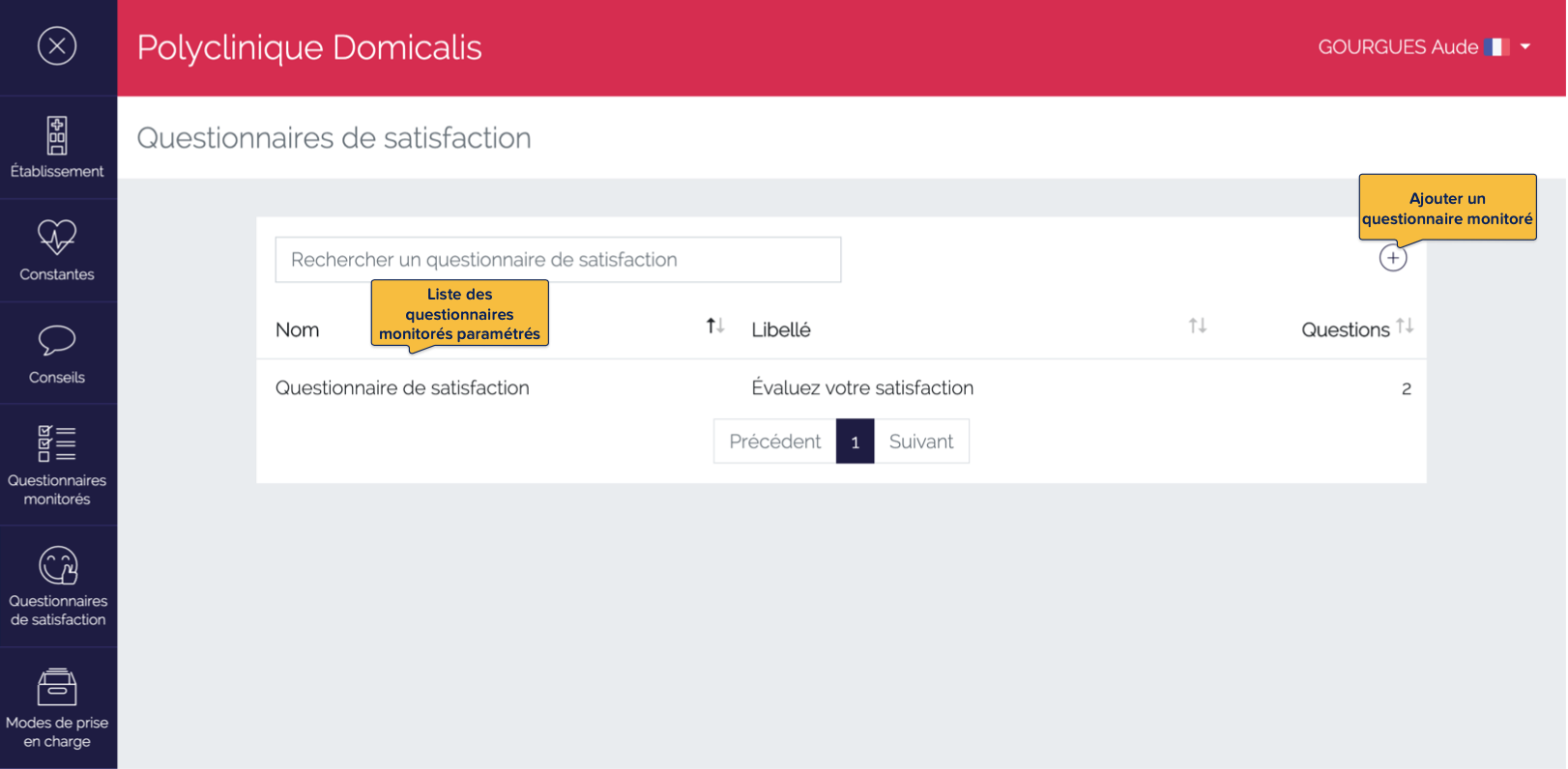 Page d'accueil des questionnaires de satisfaction