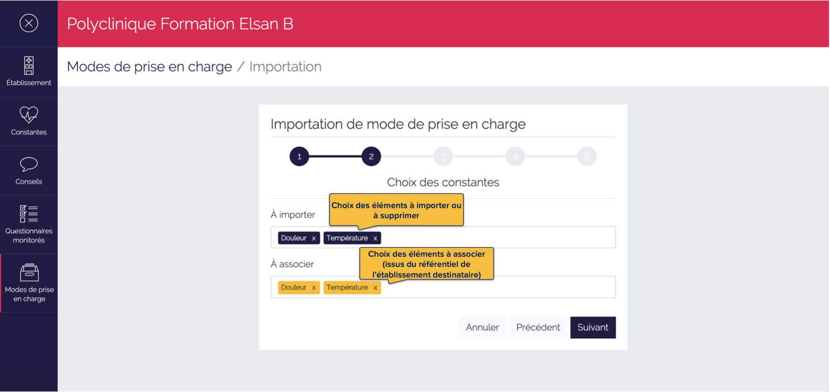 Choix des éléments en importation