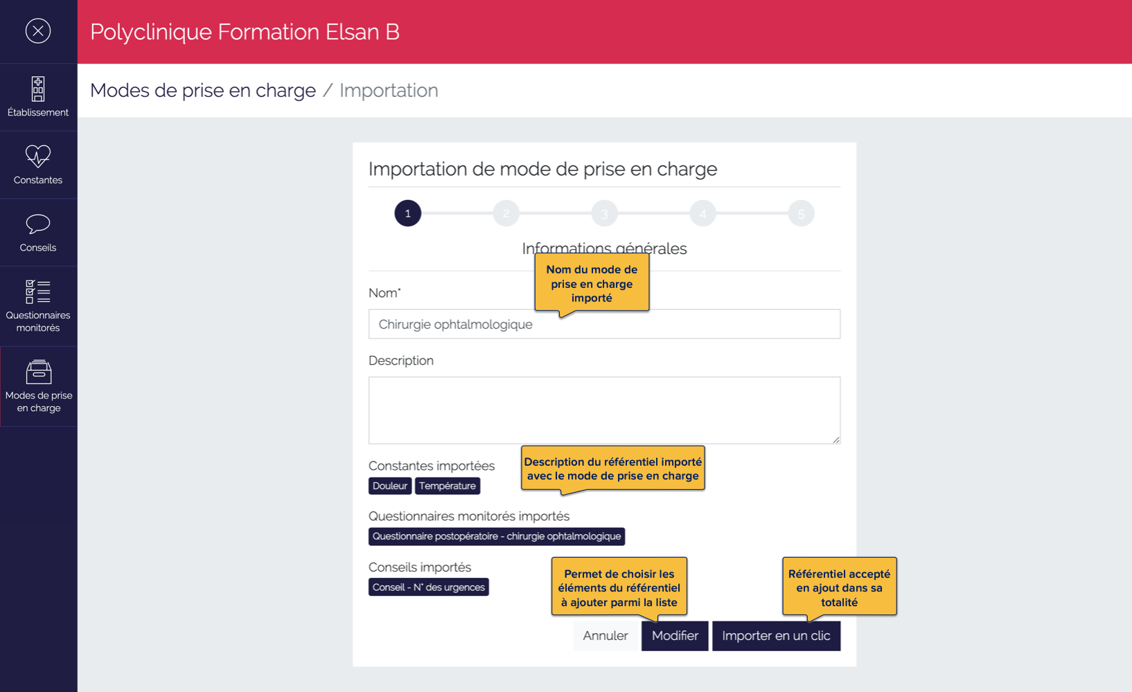 Options d'importation du mode de prise en charge