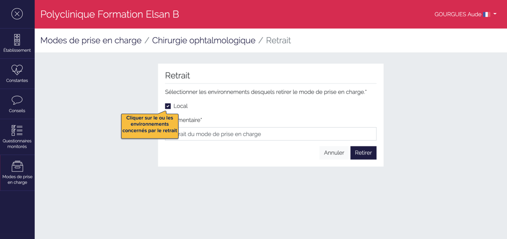 Page de retrait d'un mode de prise en charge
