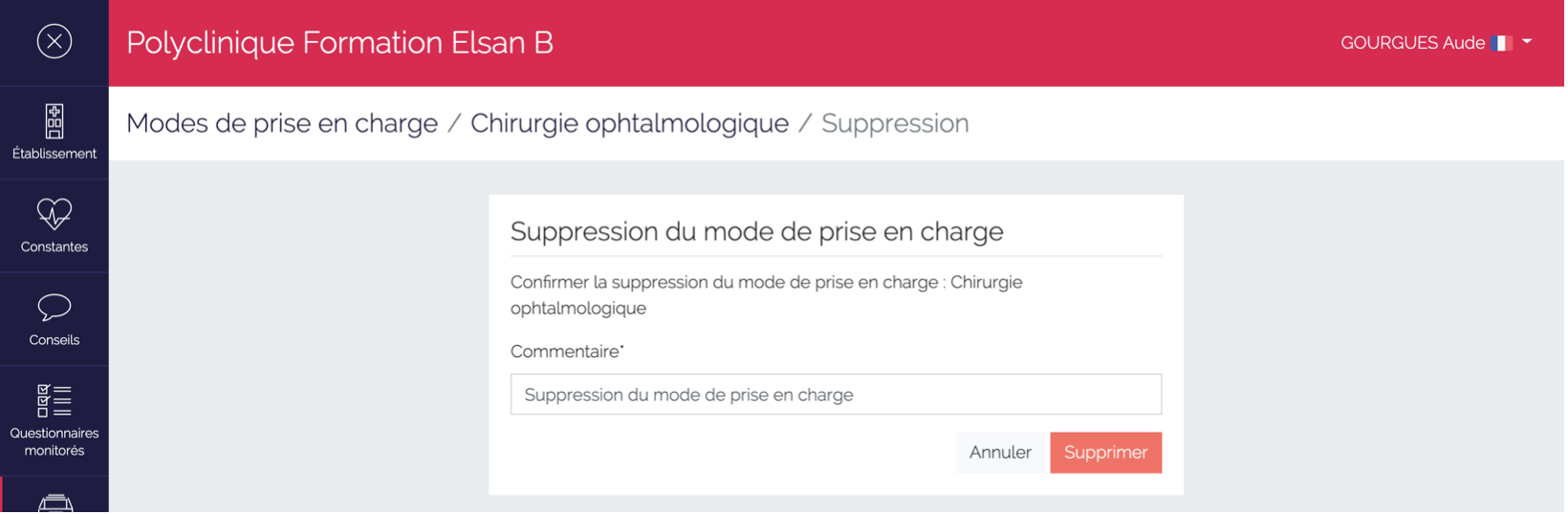 Page de confirmation de la suppression