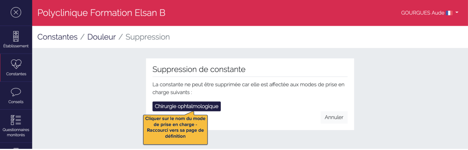 Page d'informations sur la suppression de la constante